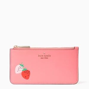 KATE SPADE Large Pink Slim Card Holder "Picnic In The Park" With Strawberries
